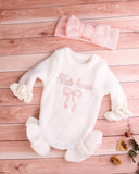 2pcs Premium Newborn Baby "She's Here" Bow Embroidery Knitted & Headband Set