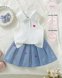 Girls’  Sleeveless Heart Print Polo Knit Top & Blue Denim Skirt