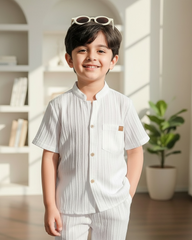 2pc Boys White Textured Shirt & Trouser Set