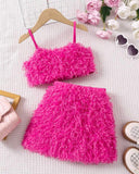 Girls Pink Plush Tank Top & Skirt Set