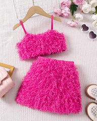 Girls Pink Plush Tank Top & Skirt Set