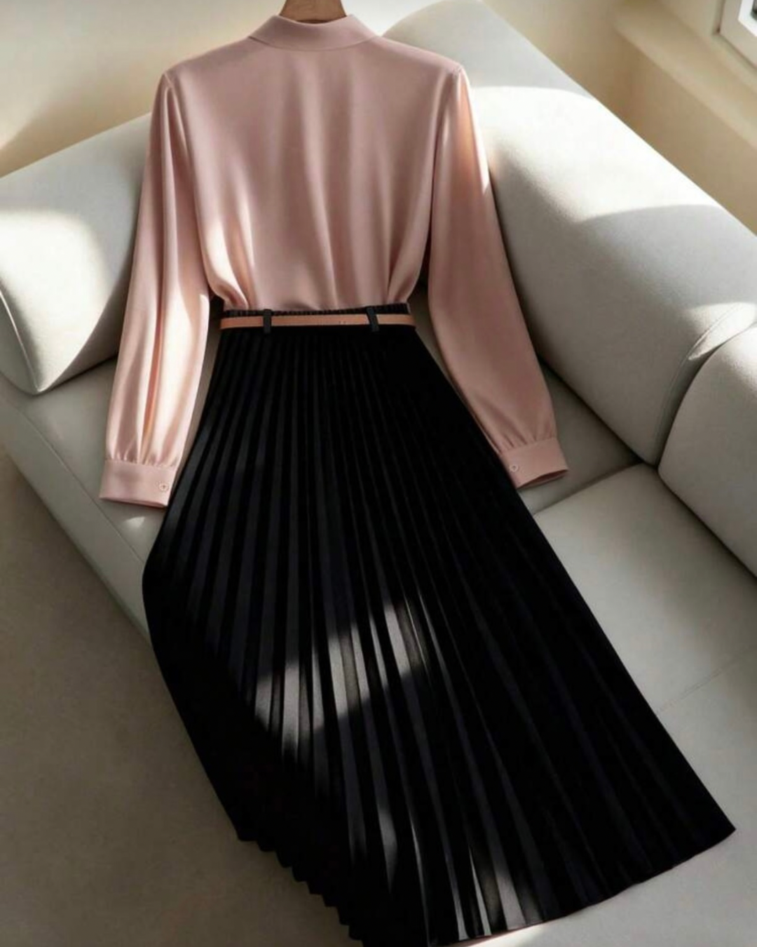 Solid Color Long Sleeve Shirt Paired With A-Line Skirt, Pleated Skirt Comes With Belt