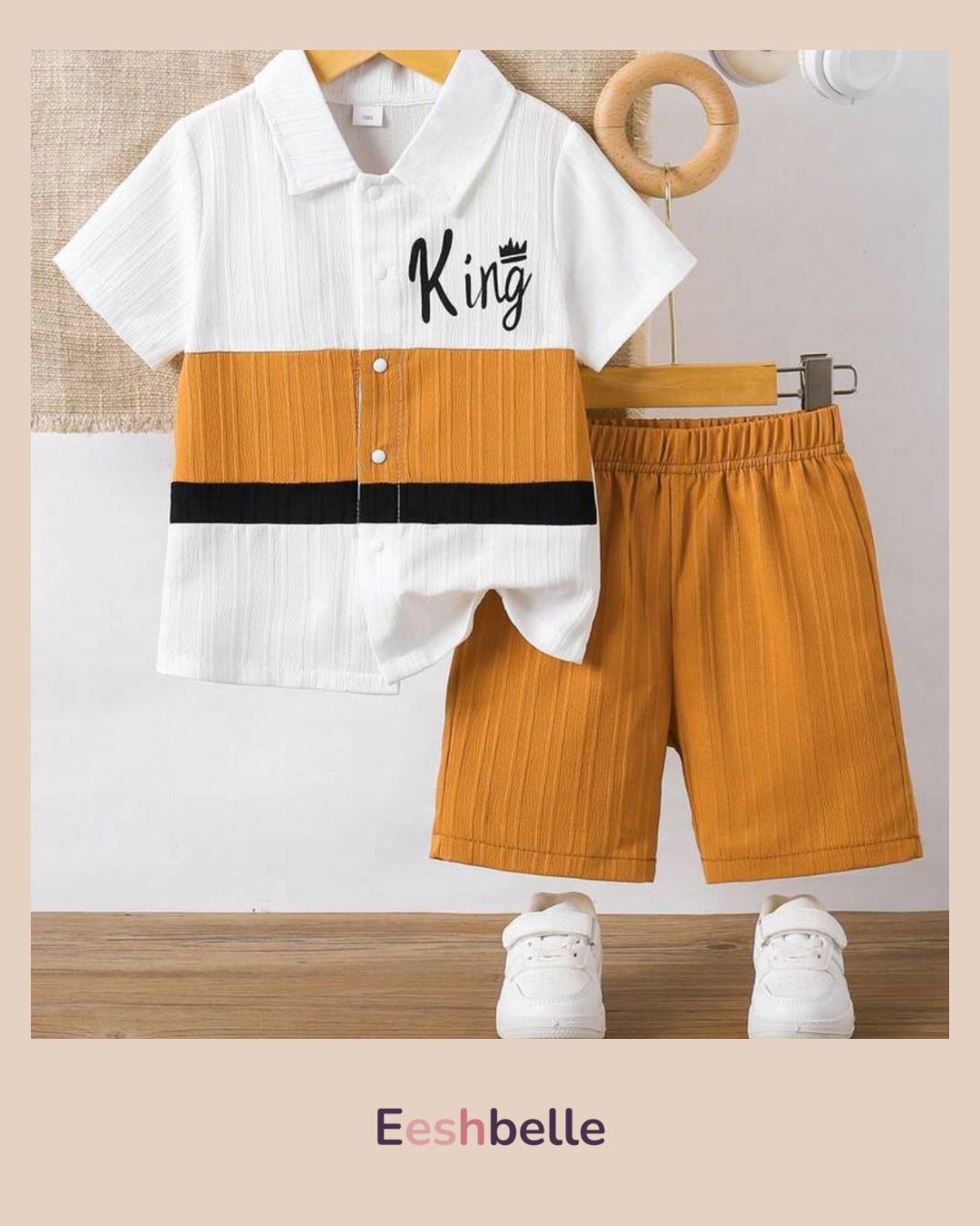 Wave Collar Patchwork Short Sleeve Shirt And Letter Print Solid Color Shorts Set