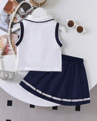 Cartoon Print Polo Vest And Pleated Skirt Casual Outfit For Girls