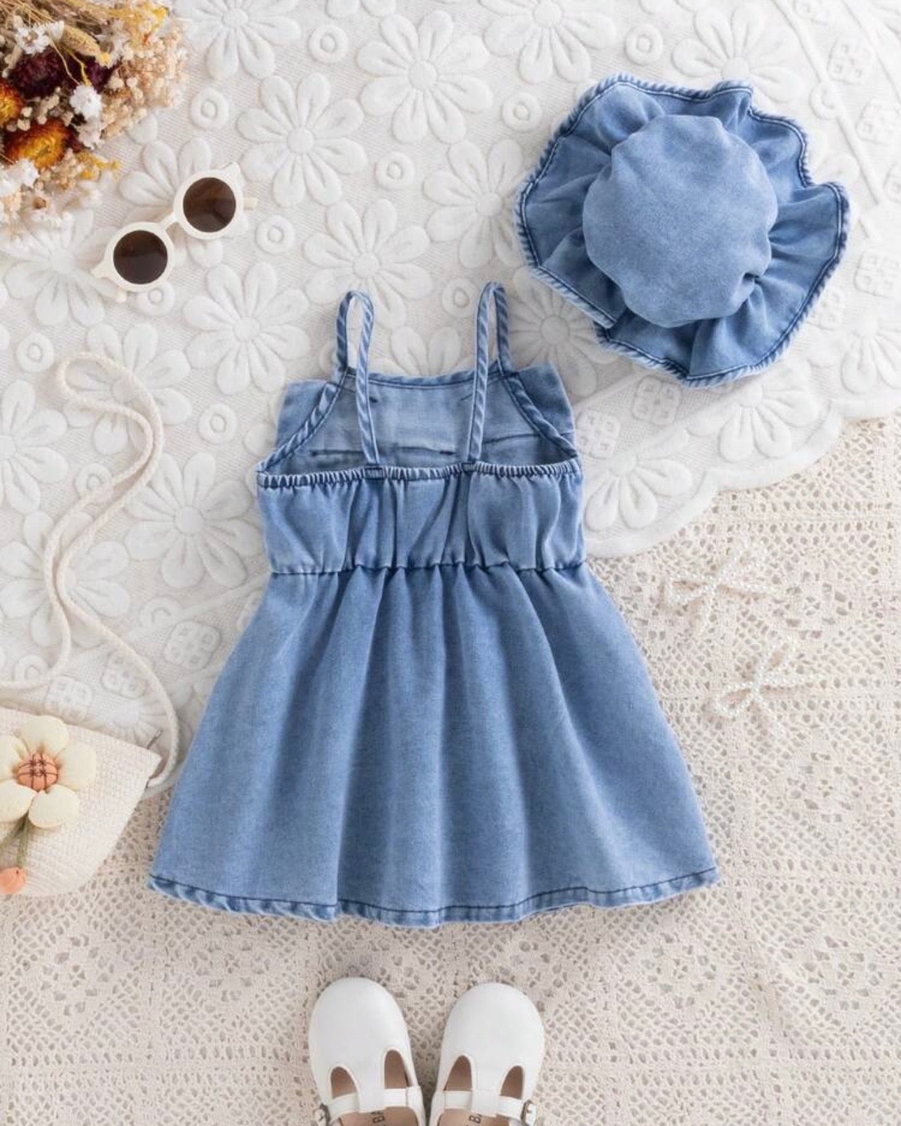 2pc Denim Style Dress with Large Bow & Hat