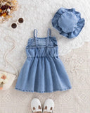 2pc Denim Style Dress with Large Bow & Hat