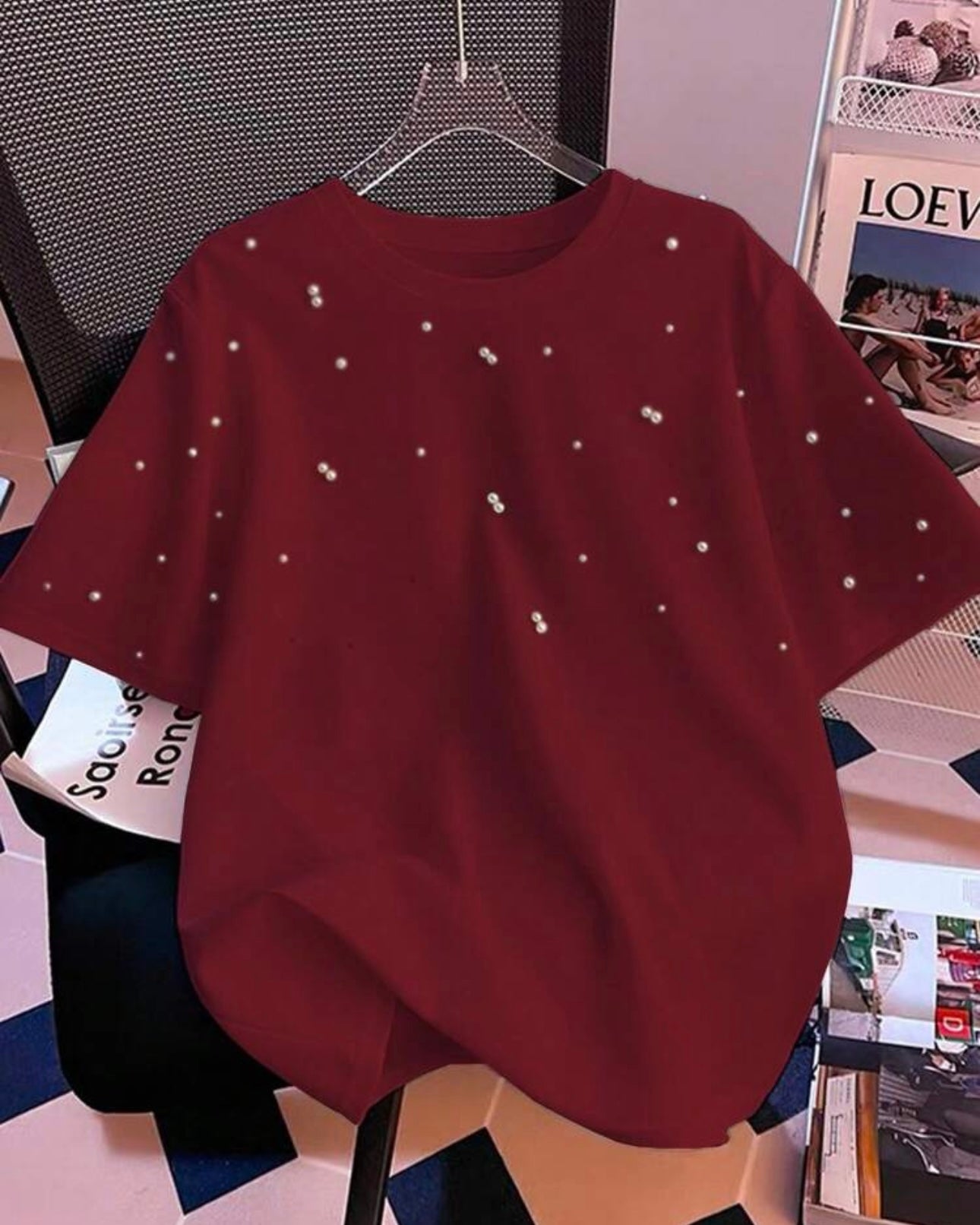 Women’s Burgundy Colour Beaded T-Shirt