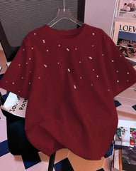 Women’s Burgundy Colour Beaded T-Shirt