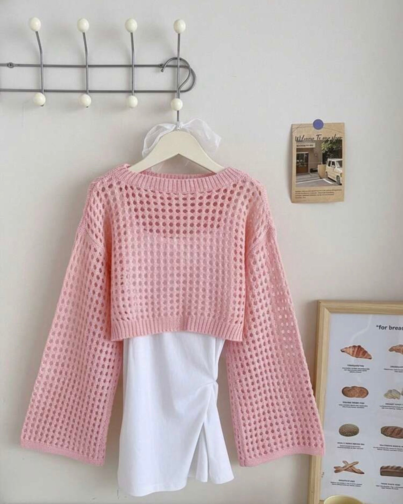Tween Girls Baby Pink Crew Neck Long Sleeve Hollow Knitwear