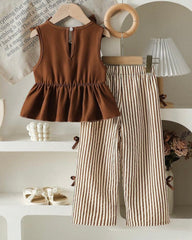 Brown Korean Style Pleated Top & Striped Wide Leg Pants Set