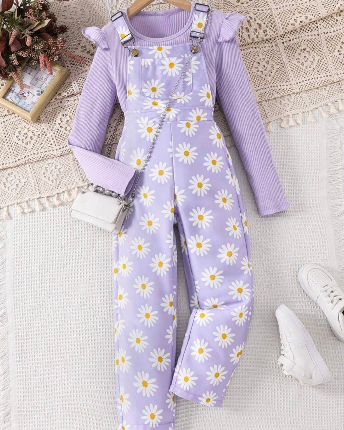 Tween Girl 2-Piece Daisy Flower Print Jumpsuit & Purple Long Sleeve T-Shirt Set