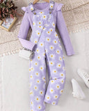 Tween Girl 2-Piece Daisy Flower Print Jumpsuit & Purple Long Sleeve T-Shirt Set