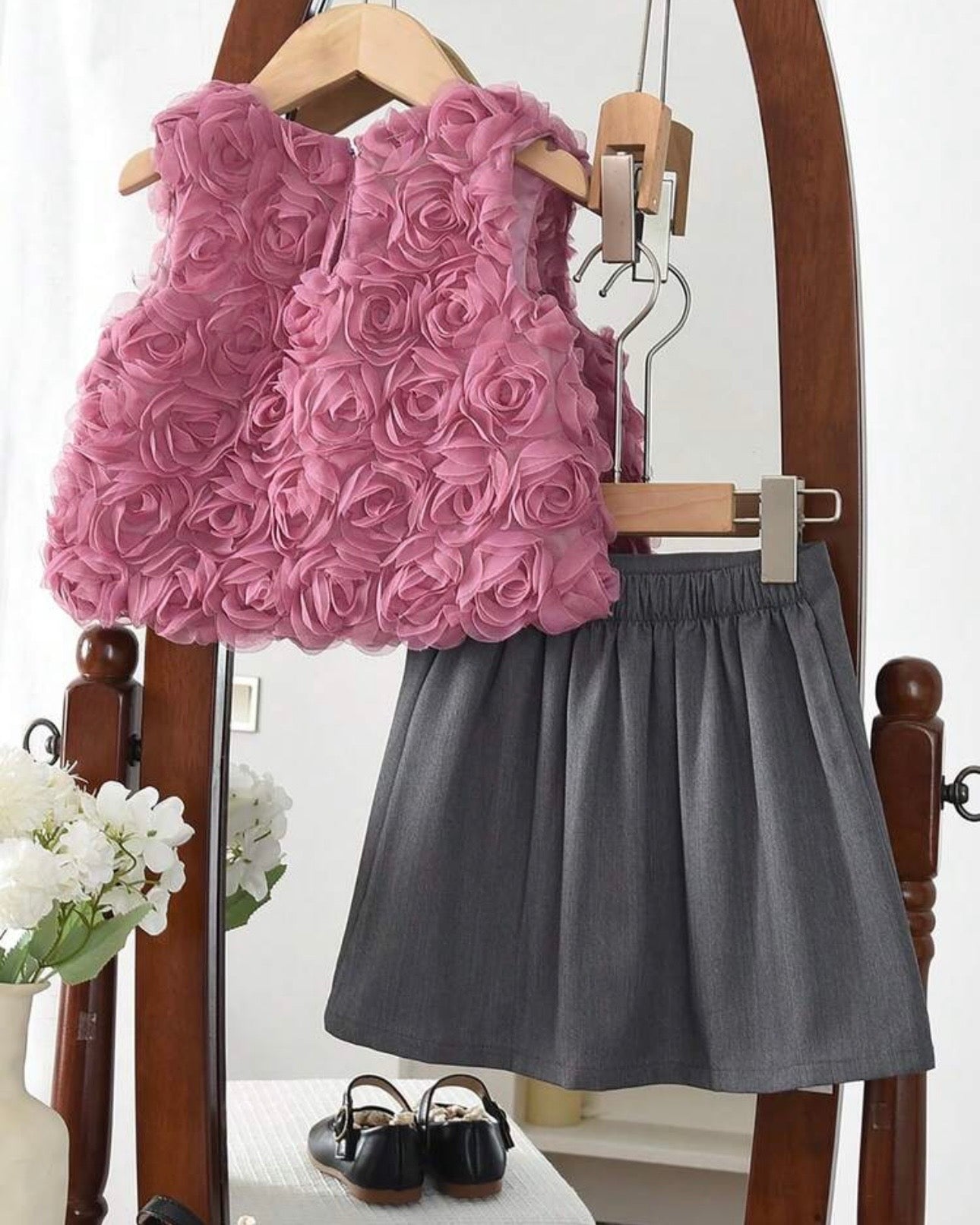 2pcs Girls Pink 3D Floral Sleeveless Top And Skirt