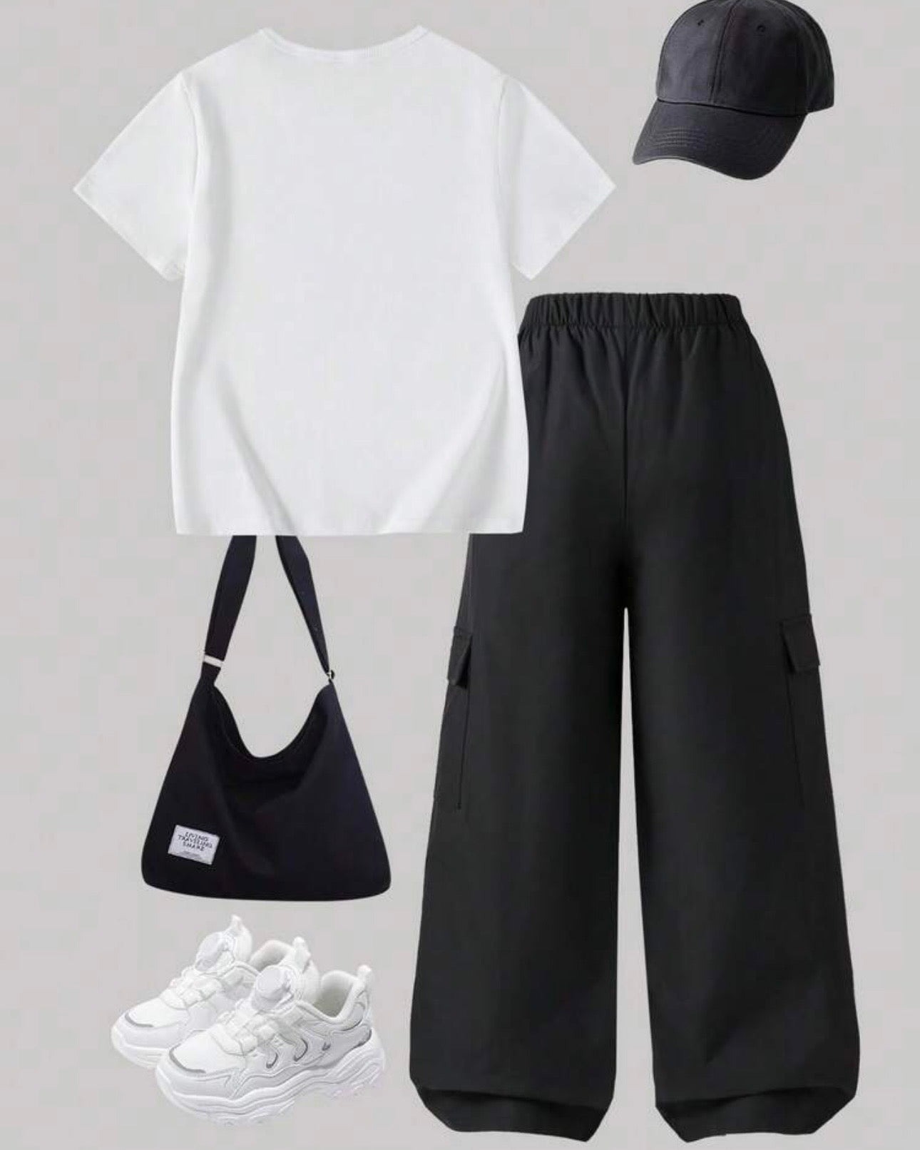 Tween Girls Black & White Bow Embroidery T-Shirt with Cargo Pants Set