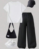 Tween Girls Black & White Bow Embroidery T-Shirt with Cargo Pants Set