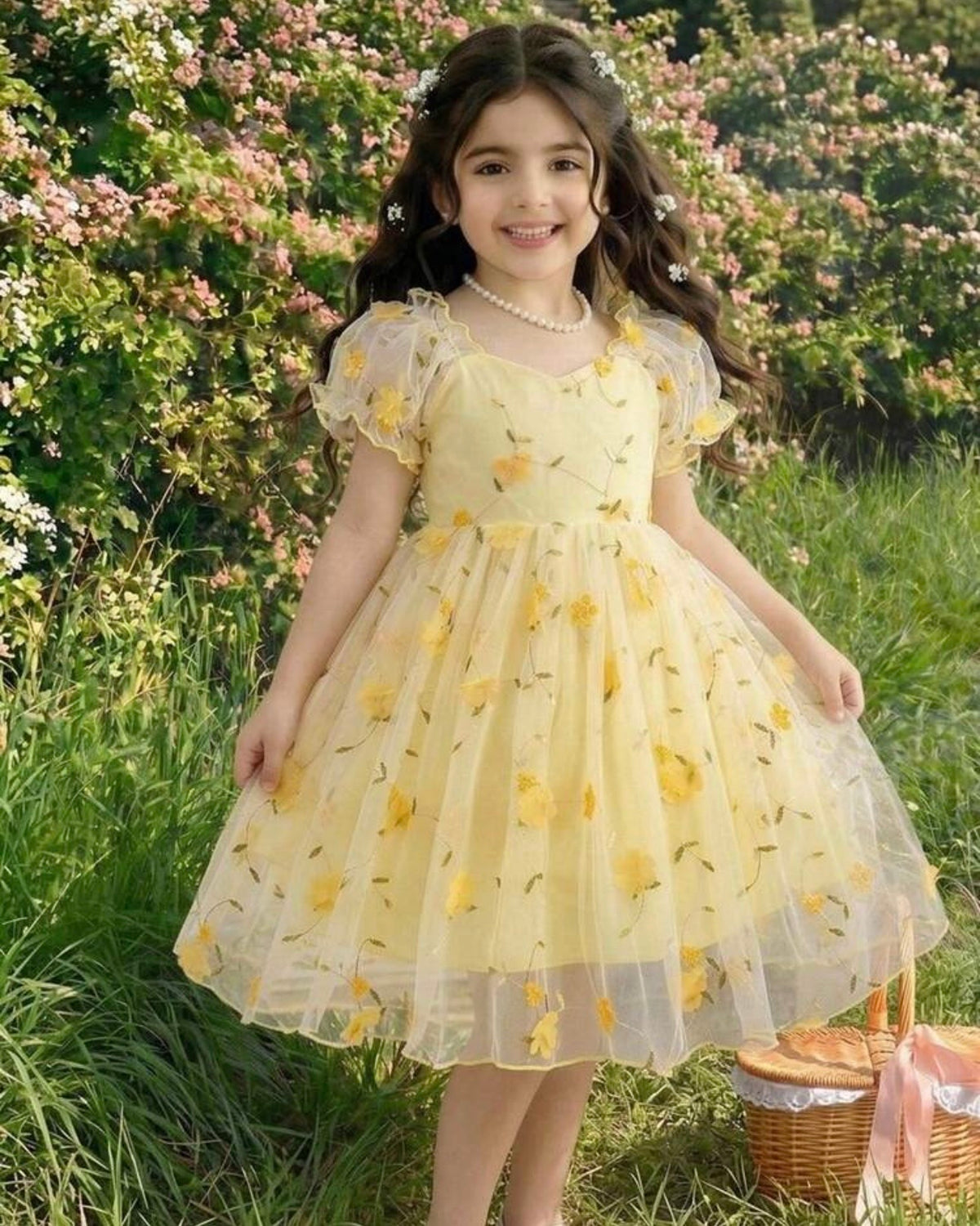 Lemon Puff Sleeve Formal Party Tulle Dress with Cinched Waist
