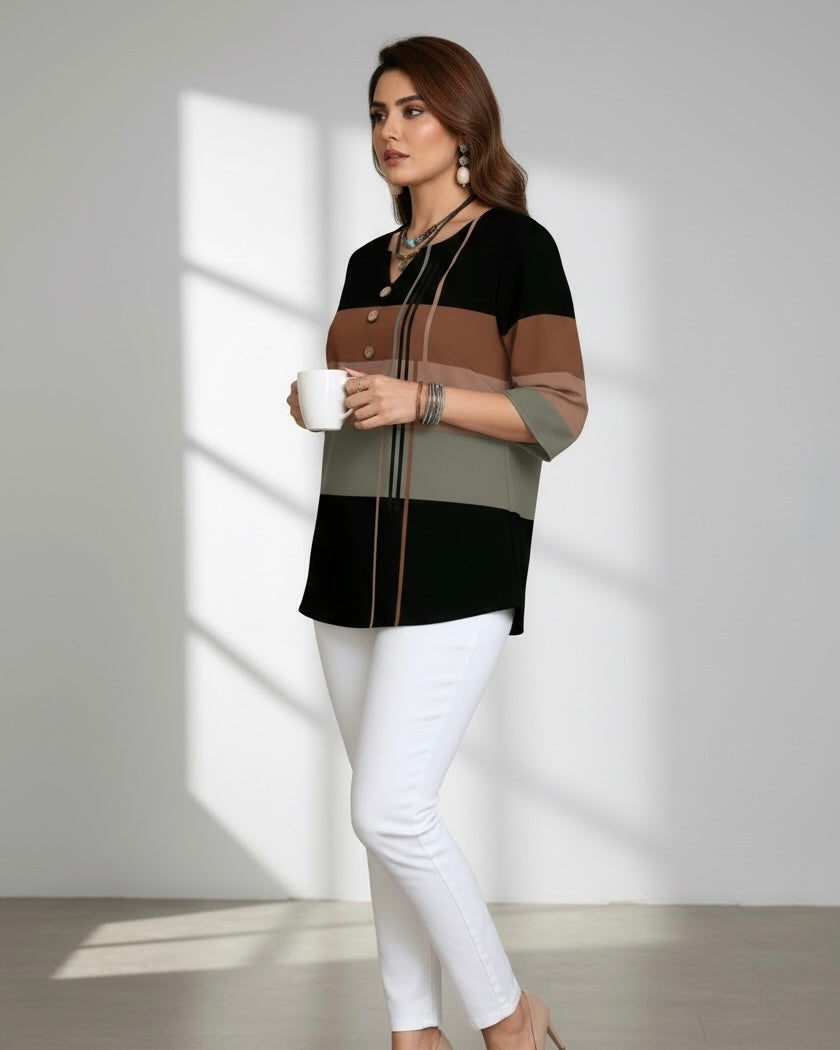 Women Brown Striped 3/4 Sleeve  Casual Shirt