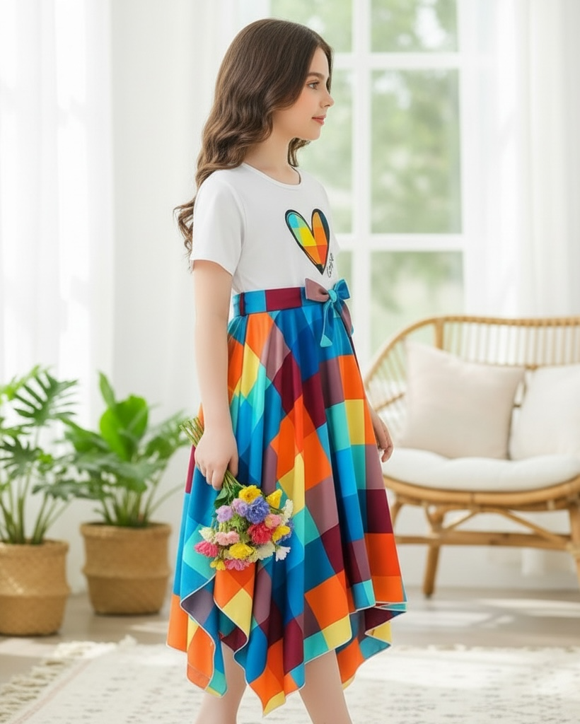 Tween Girl Heart Printed Patchwork Plaid Hem Dress