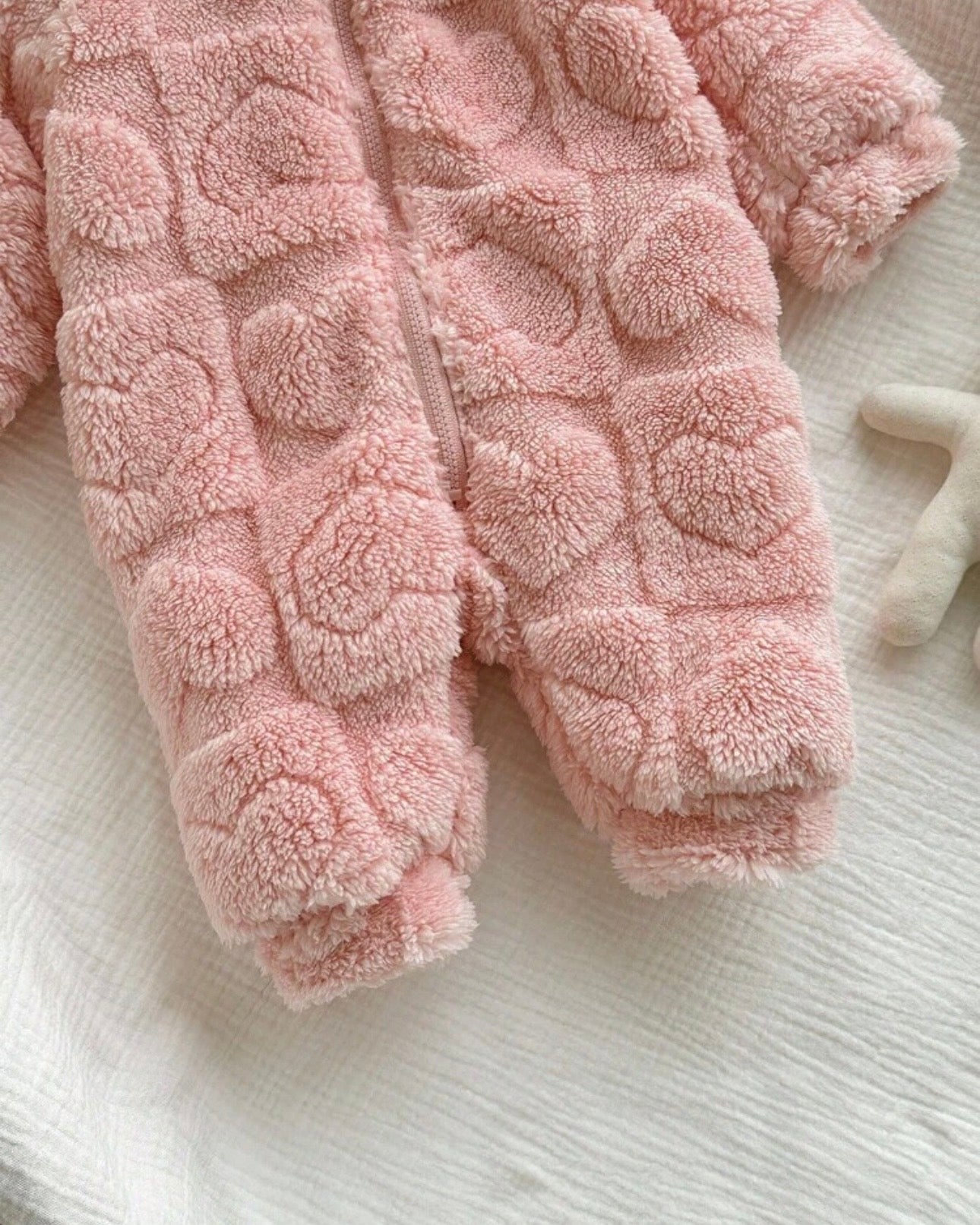 Baby Girl Winter 3D Pink Fluffy Heart Pattern Zipper Hooded Romper