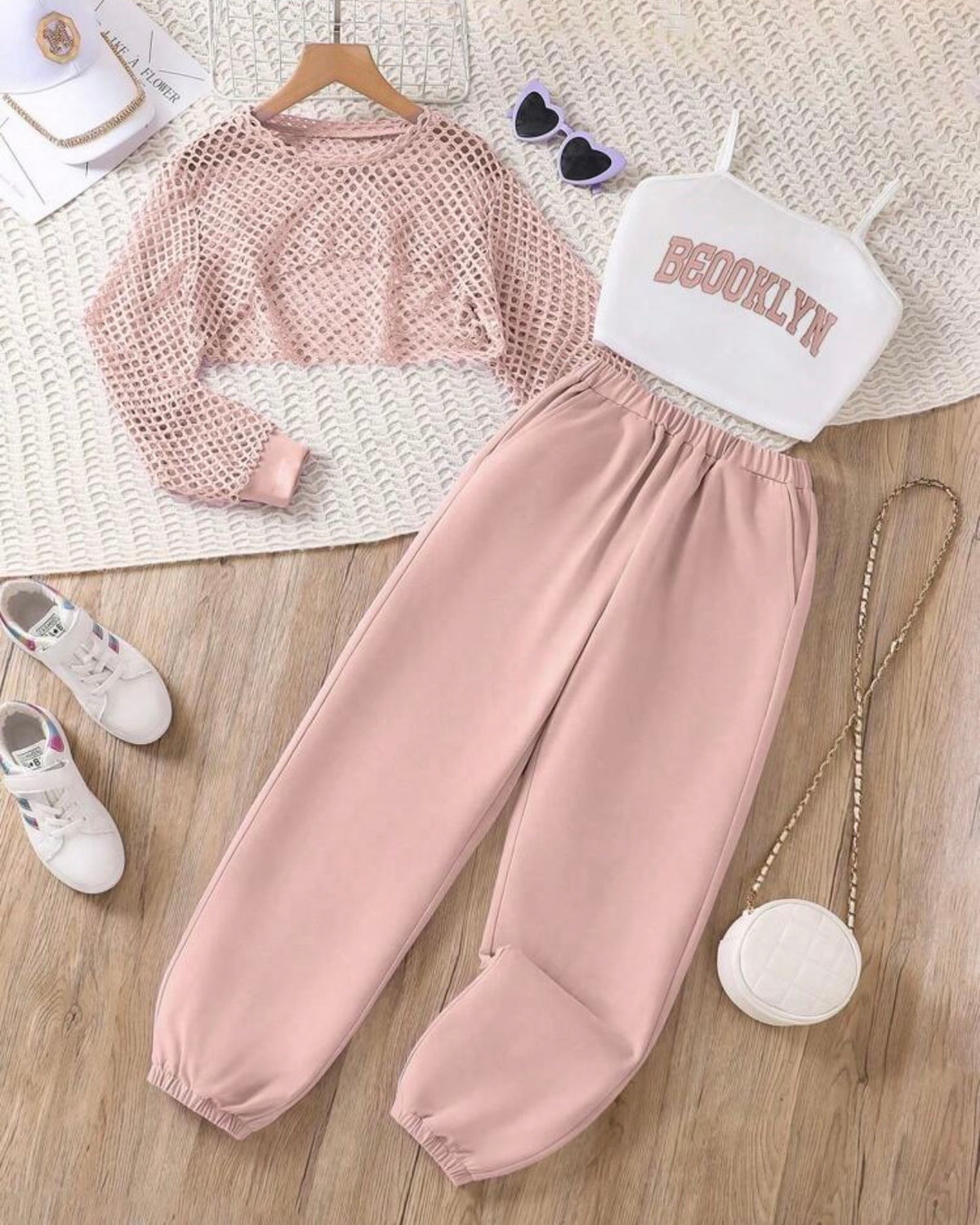 3pc Pink Brooklyn Camisole, Hollow Cover Up & Sports Pants Set
