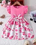 Girls’ Pink Summer Ruffled Sleeve Bow-Tie Floral Print Dress