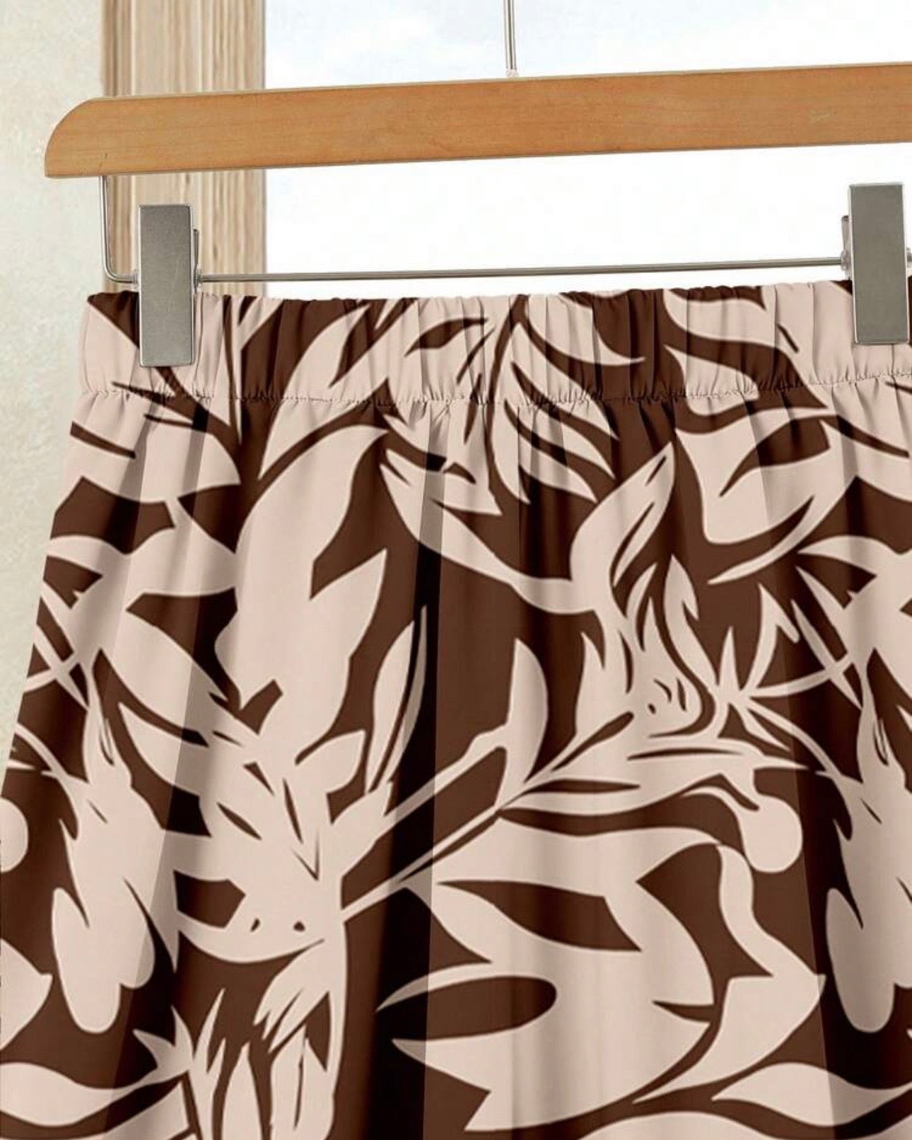 2PCS Summer Skirt Set – Brown Top & Printed Skirt Outfit