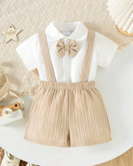 2pcs Baby Boy British Style Gentleman Outfit – Bow Tie Shirt & Suspender Shorts Set (Summer)