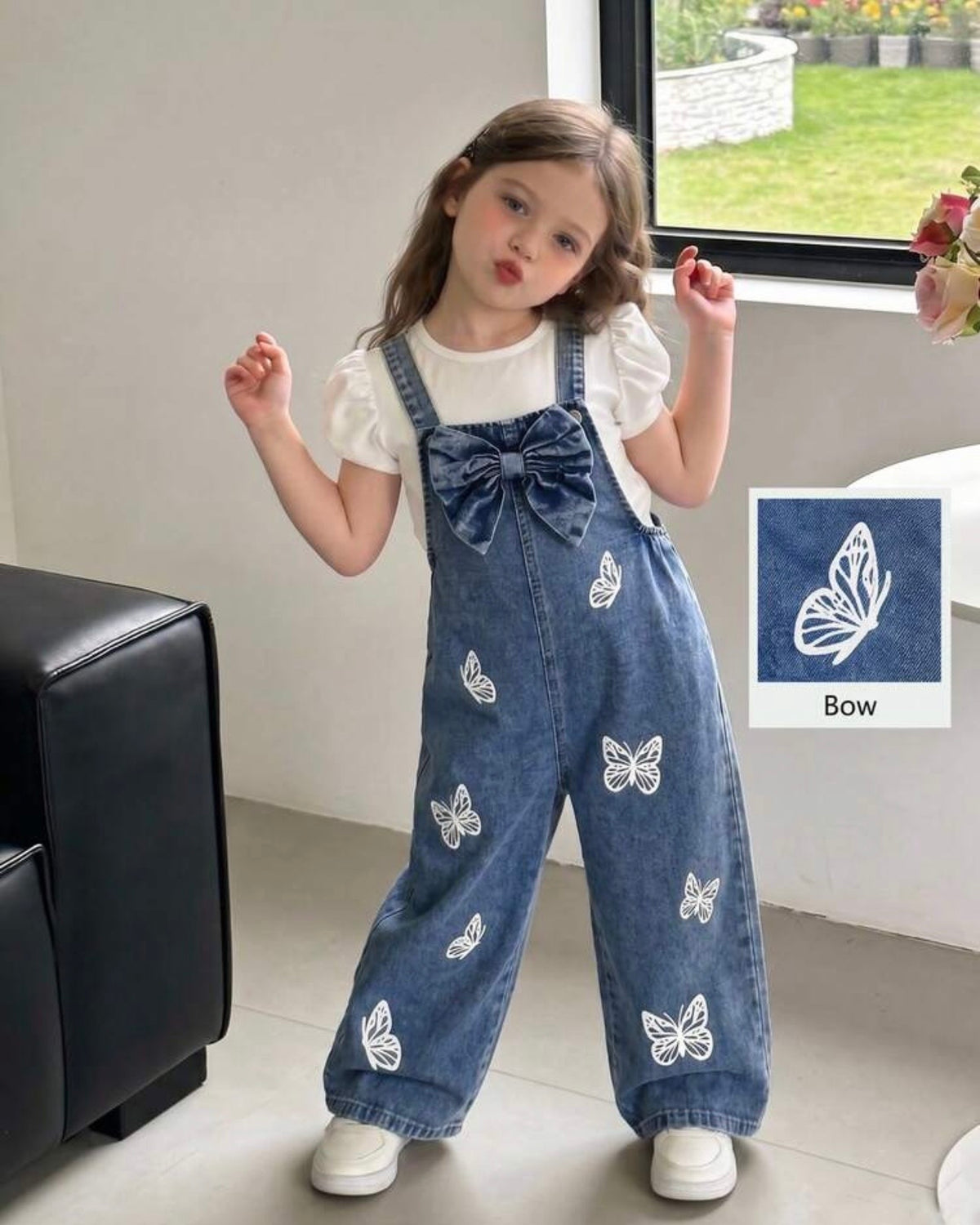 Girls Vintage Blue Denim Jumpsuit with 3D Bow & Butterfly Embroidery
