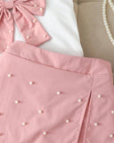 Girls 2-Piece 3D Pink Bow Beaded Outfit Set – Cap Sleeve Top & Beaded Slit Shorts