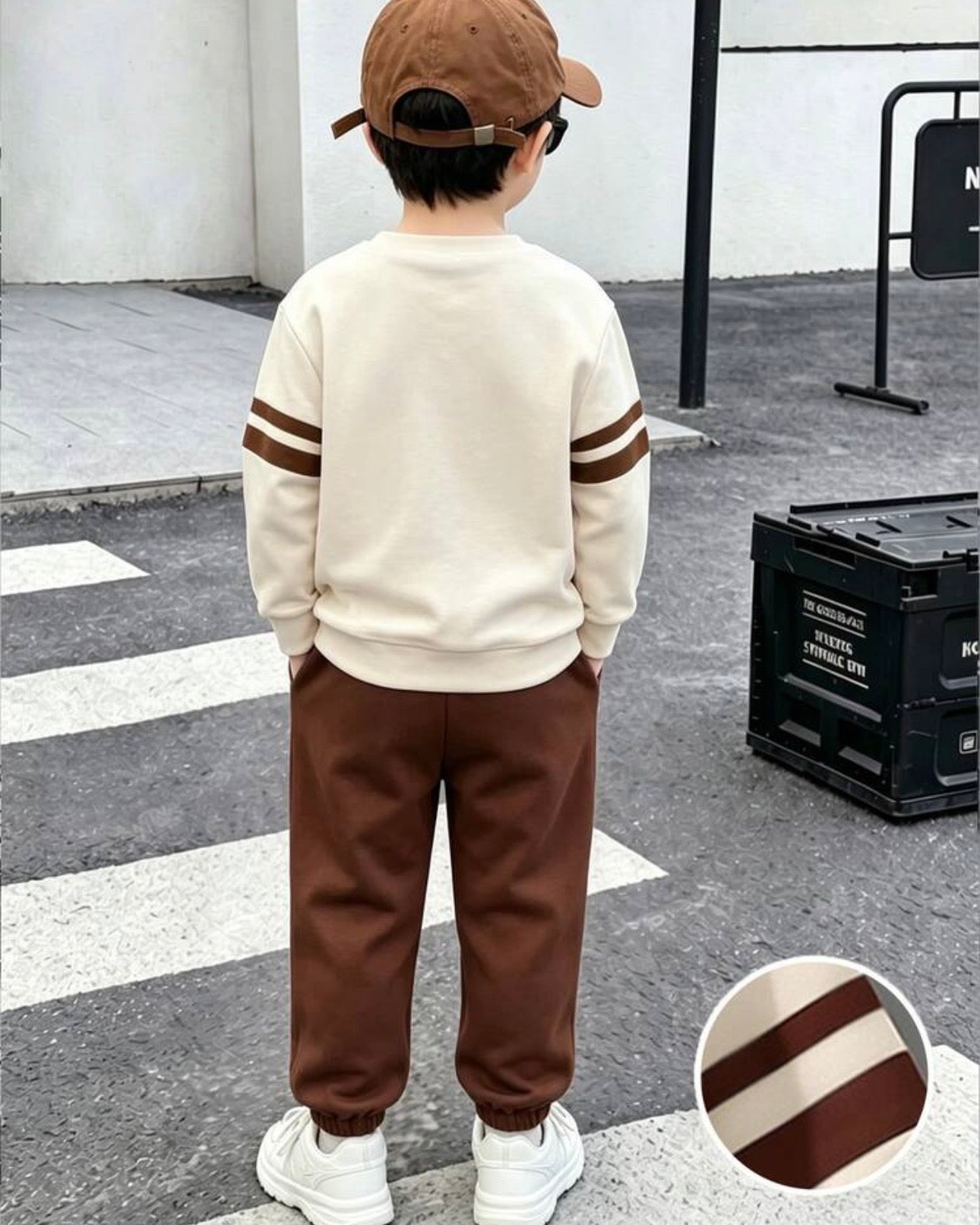 Boys Beige and Brown Long Sleeve Colorblock 2 Pieces set