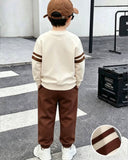 Boys Beige and Brown Long Sleeve Colorblock 2 Pieces set
