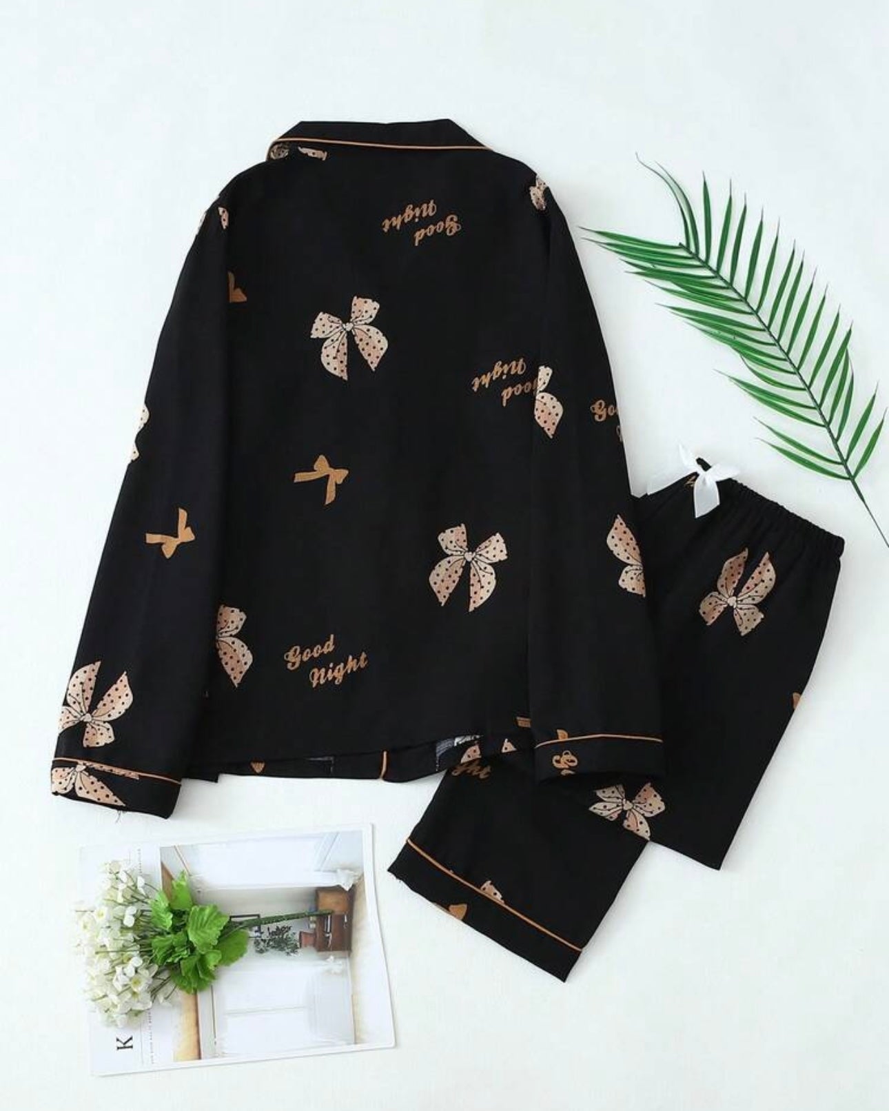 Bow Print Women Long Sleeve Top & Long Pants Satin Pajama Set