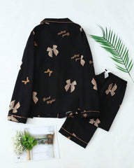 Bow Print Women Long Sleeve Top & Long Pants Satin Pajama Set