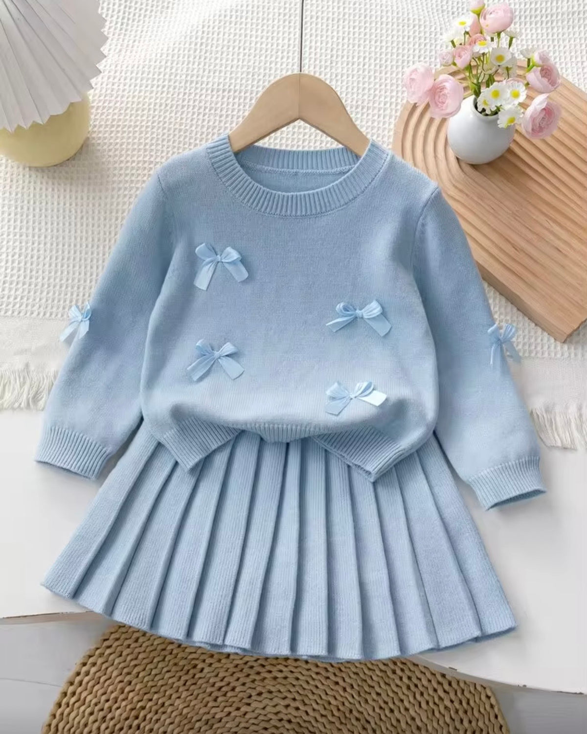 Girls’ Sky Blue Bow Jacquard Cardigan & Pleated Skirt Set