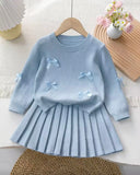 Girls’ Sky Blue Bow Jacquard Cardigan & Pleated Skirt Set