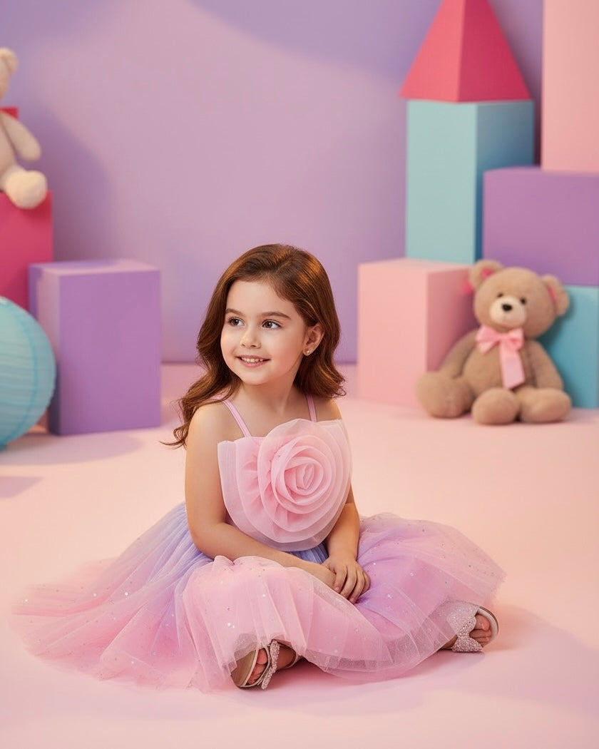 Pink Floral Patchwork Star Mesh Strap Dress – Girls
