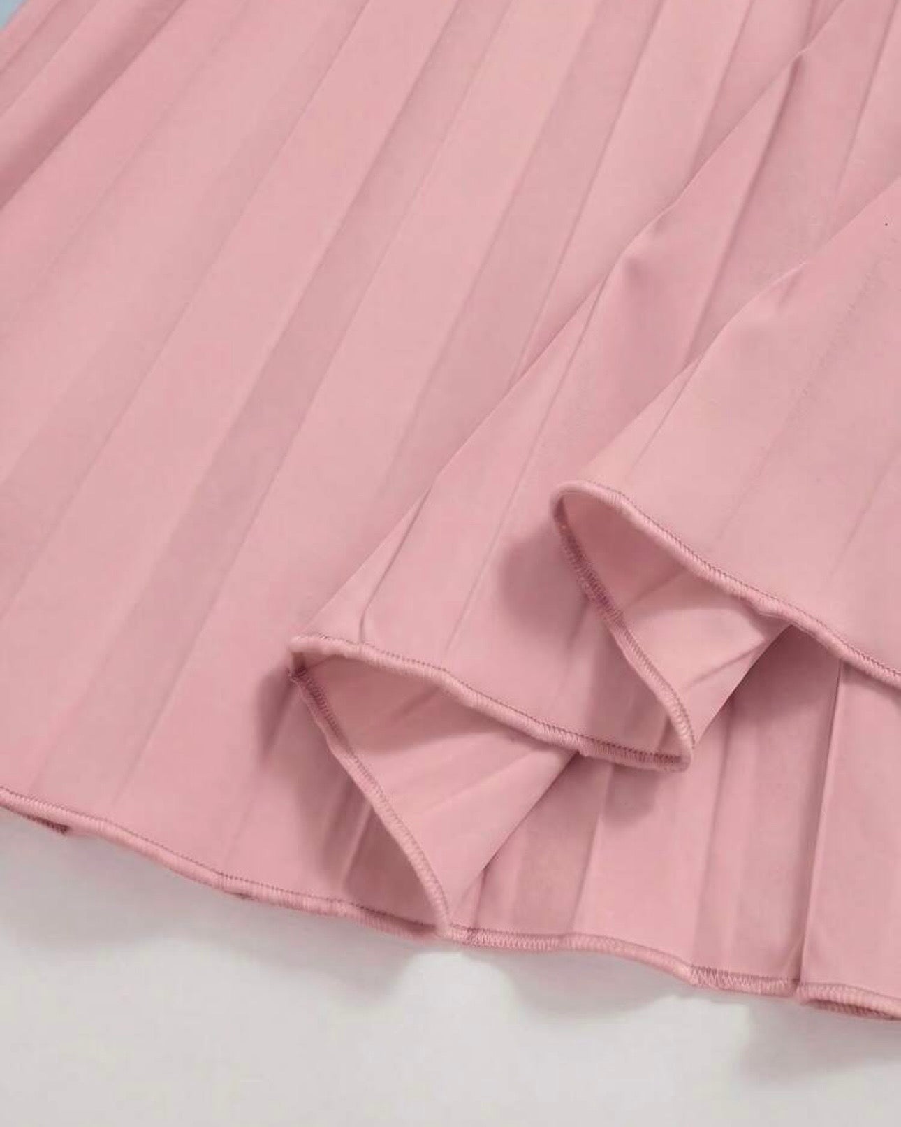 Girls’ 2pc Pink Square Collar Puff Sleeve Top & Pleated Skirt Set