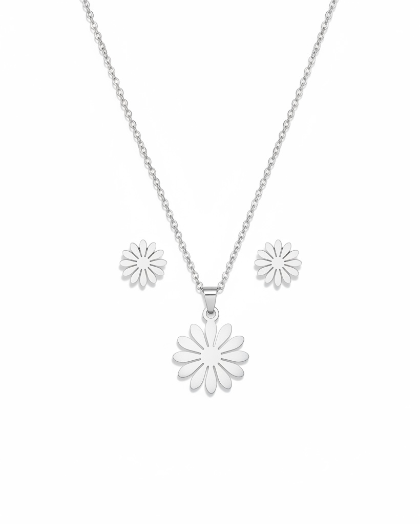 Silver Golden Flower Pendant Necklace and Earrings