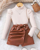 Girls High Neck Pearl Petal Sleeve Apricot Knit Sweater And Brown Leather Pearl Bow Skirt