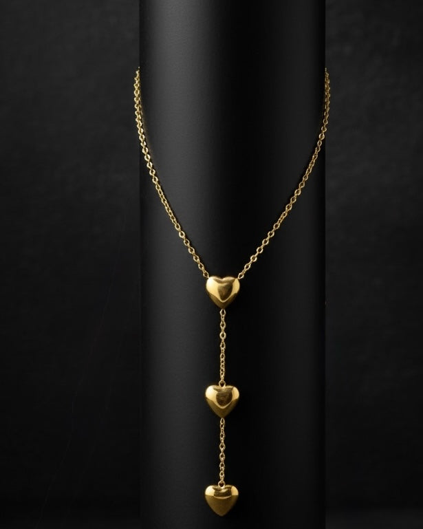 Japanese And Korean Style Golden Three Heart Tassels Women's Stainless Steel Necklace