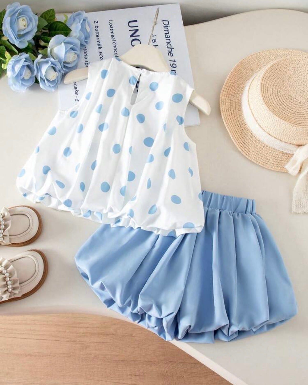 Girls 2-Piece 3D Bow Sleeveless Top & Blue Bloom Shorts Set