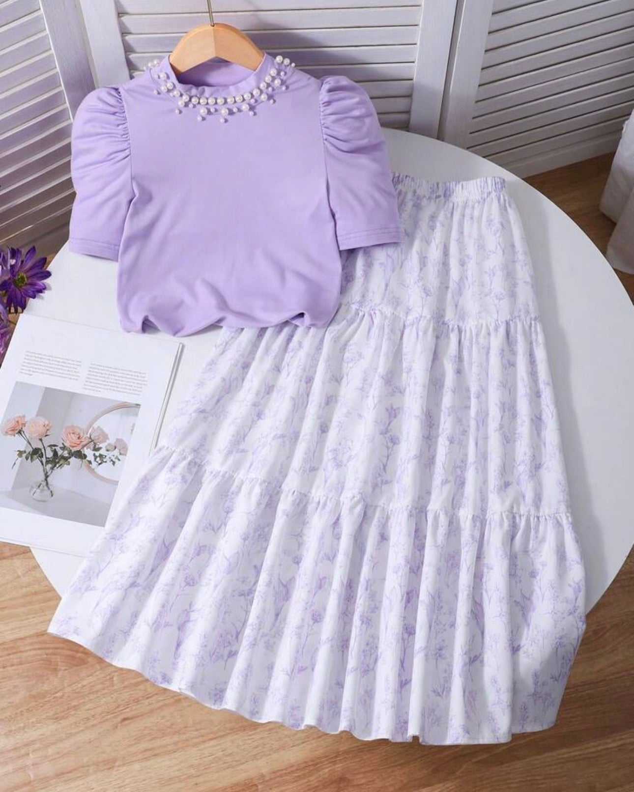 Tween Girl 2Pcs Outfit – Light Purple Faux Pearl Top & Floral Ruffle Skirt Set