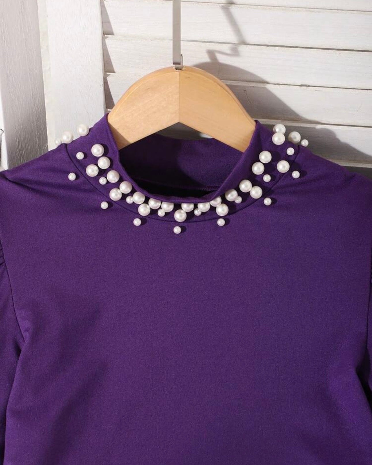 Tween Girl 2Pcs Outfit – Dark Purple Faux Pearl Top & Floral Ruffle Skirt Set
