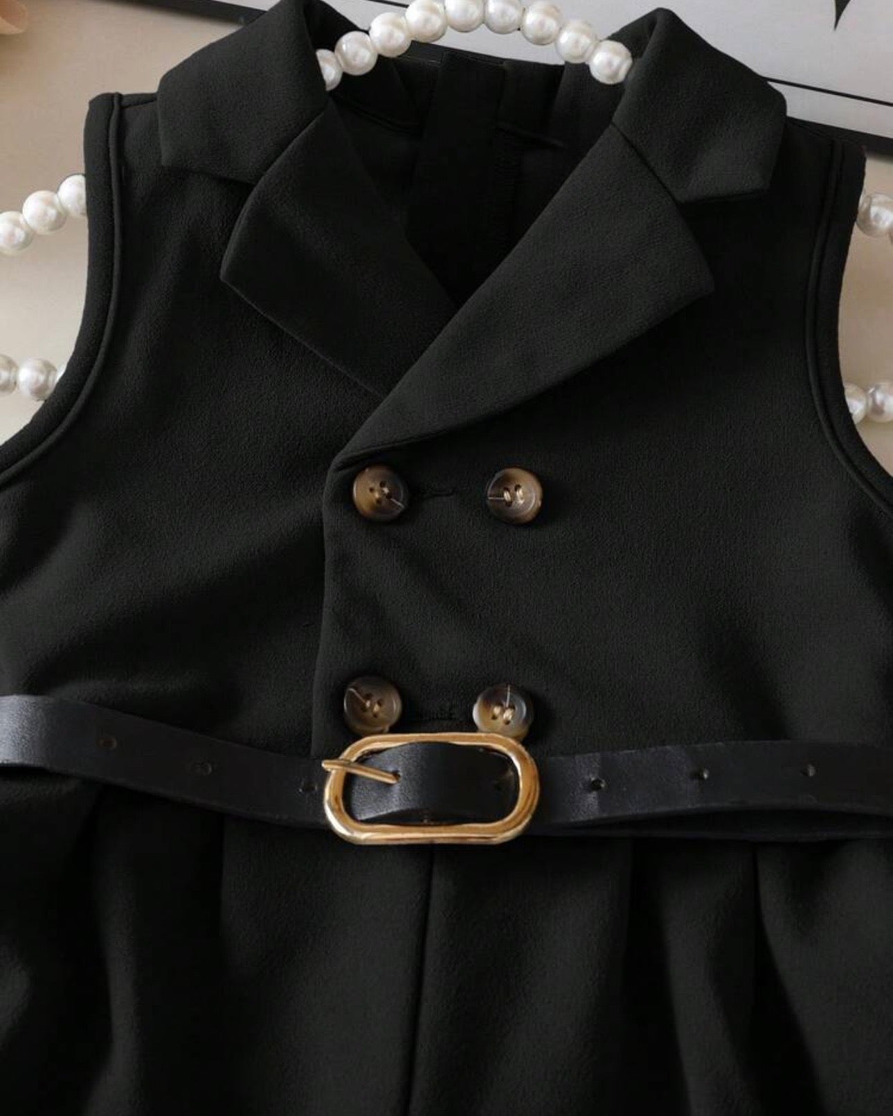 Baby Girl Elegant Black Sleeveless Lapel Collar Jumpsuit