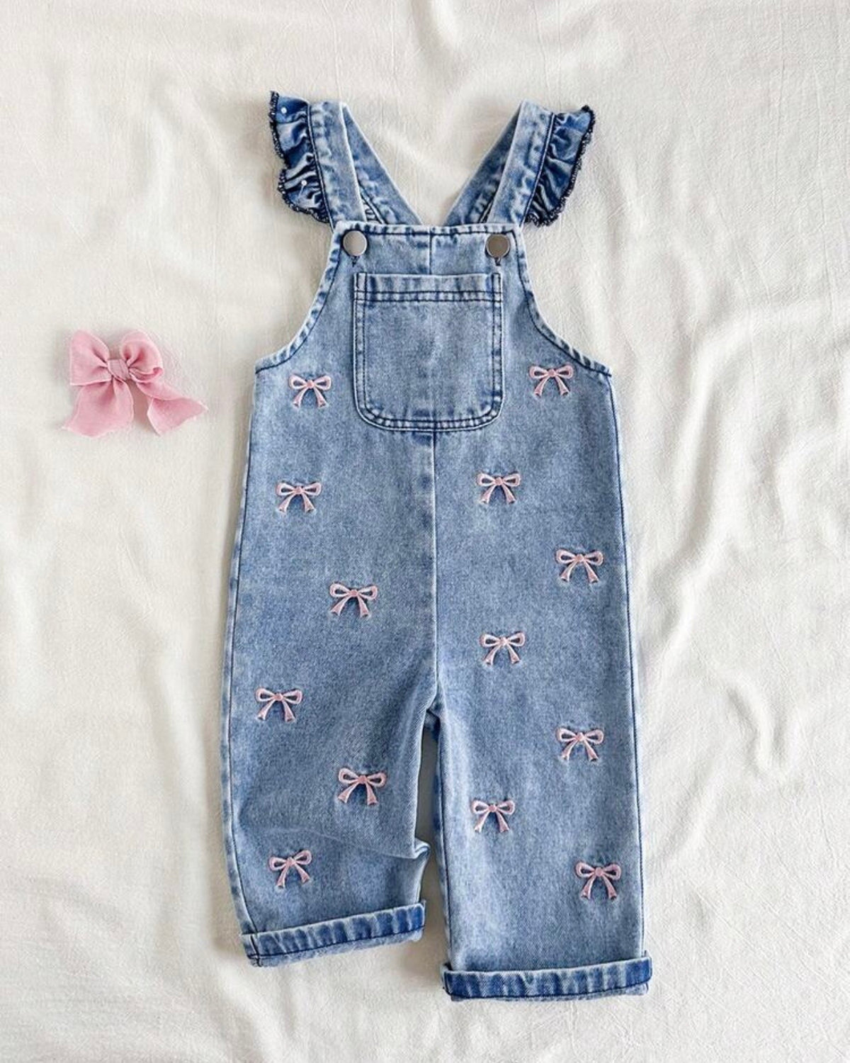 Girls Pink And White Bow Embroidered Denim Jumpsuit