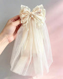 1pc Floral Lace Long Tulle Bow Hair Clip (Pink & Beige)