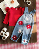 Baby Floral Embroidered Denim Overall Set, 2-Piece Outfit