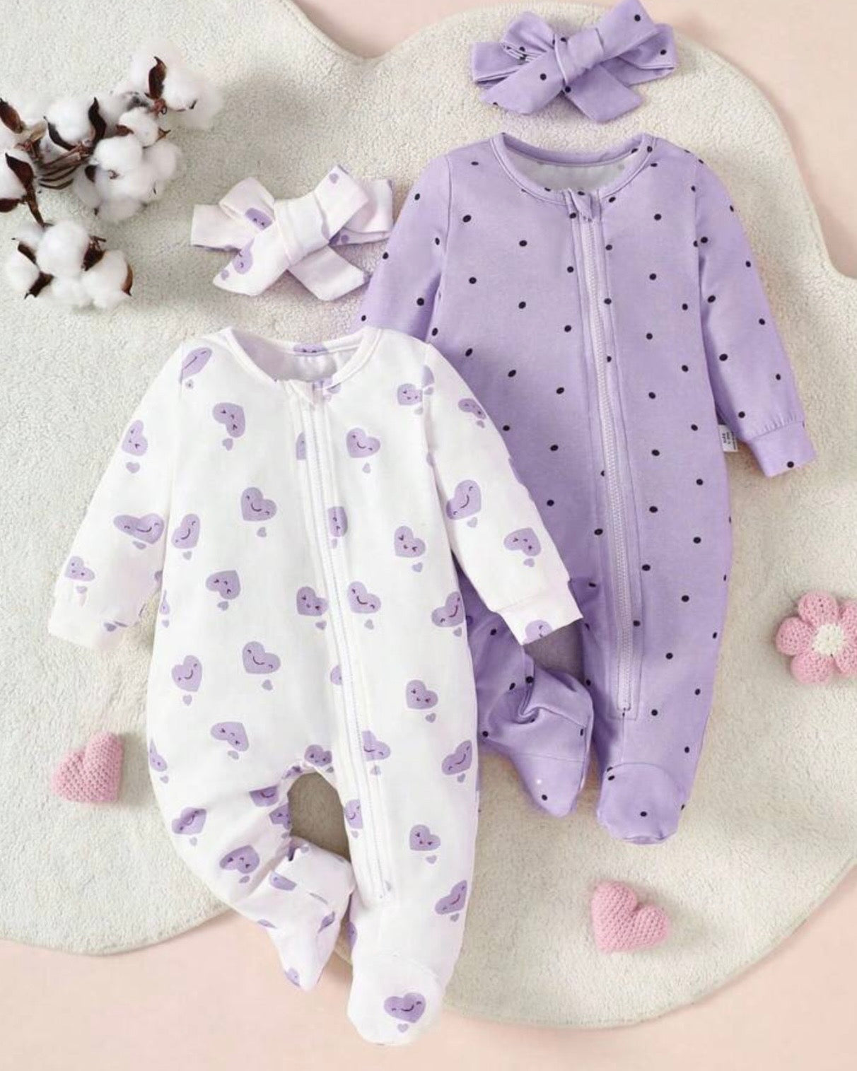 Newborn Baby Girl 4pc Set – Heart & Polka Dot Long Sleeve Zipper Romper with Headband