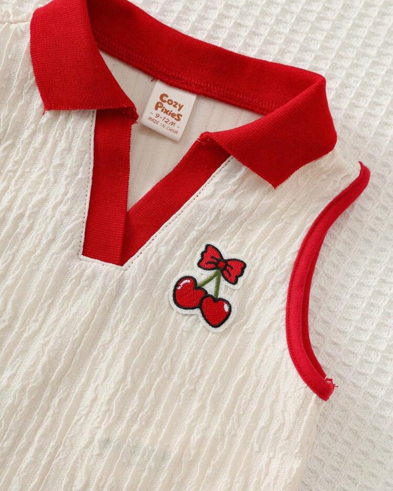 Baby Girls’ Red & White Striped Polo Collar Top with Ruffle Shorts Set