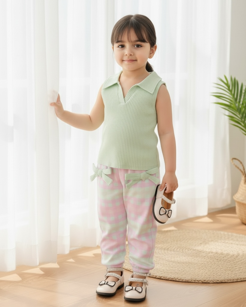 2pcs Girls’ Green Knit Shirt & Ombre Plaid Pants
